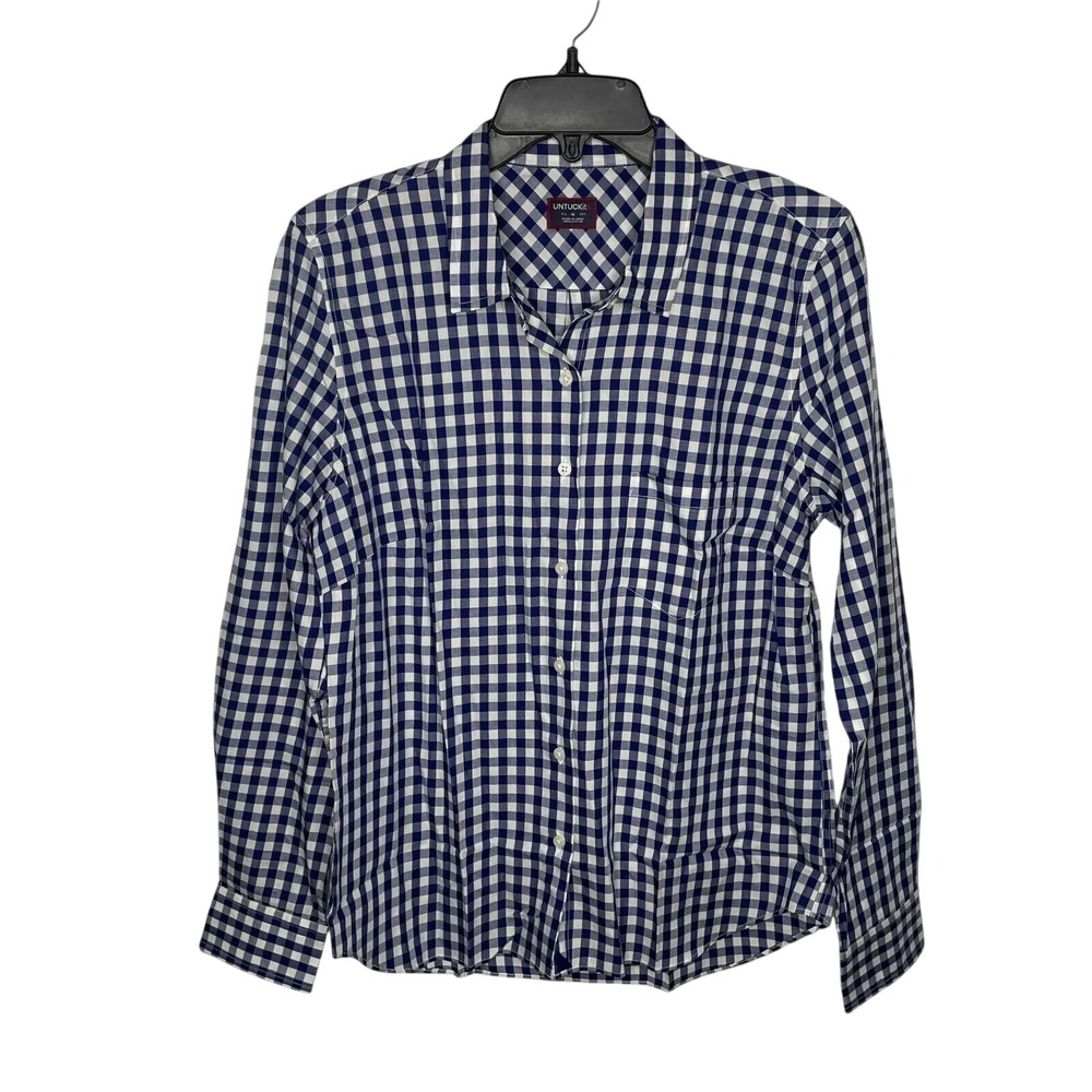 UNTUCKit Belleza Womens Navy White Gingham Check Button Down Shirt Size 6 NWT